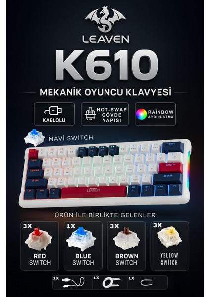 K610 Kablolu Mekanik Oyuncu Klavyesi-Red Switch Hot Swap Rgb-61 Tuş Switch ve Tuş Sökücü Hediyeli