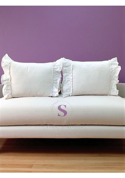 Beyaz Keten Bohem Fırfırlı Vintage 2'li Dikdörtgen Kırlent Kılıfı