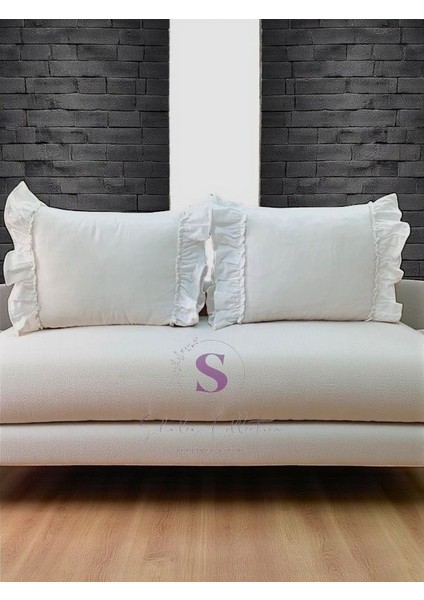 Beyaz Keten Bohem Fırfırlı Vintage 2'li Dikdörtgen Kırlent Kılıfı modelleri