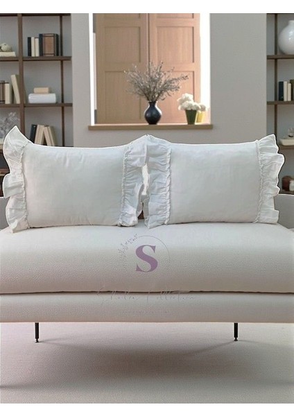 Beyaz Keten Bohem Fırfırlı Vintage 2'li Dikdörtgen Kırlent Kılıfı fırsatları