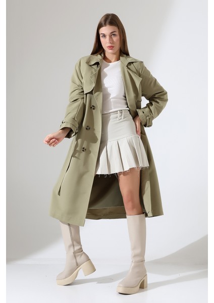 Amazon Keten Kumaş Diz Altı Astaralı Degaje Yaka Düğmeli Yeni Tarz Trenç Kot Mint Yeşil modelleri