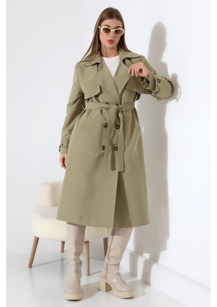 Amazon Keten Kumaş Diz Altı Astaralı Degaje Yaka Düğmeli Yeni Tarz Trenç Kot Mint Yeşil