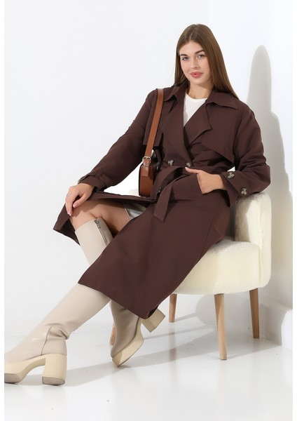 Amazon Keten Kumaş Diz Altı Astaralı Degaje Yaka Düğmeli Yeni Tarz Trenç Kot Koyu Kahve