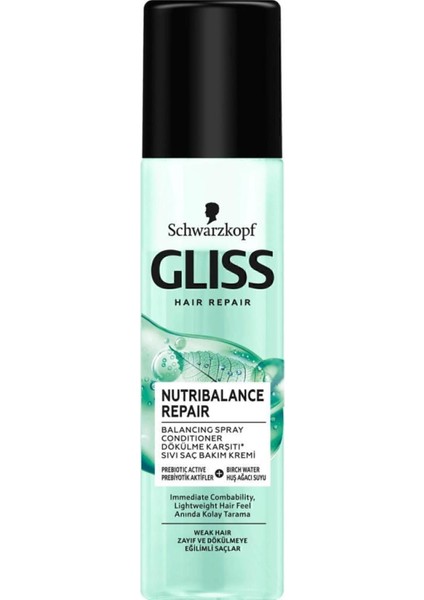 Schwarzkopf Gliss Nutribalance Repair Durulanmayan Sıvı Saç Kremi 200 ml Isı Koruma Seramid ve İpek İçerikli Zayıf Saçlar