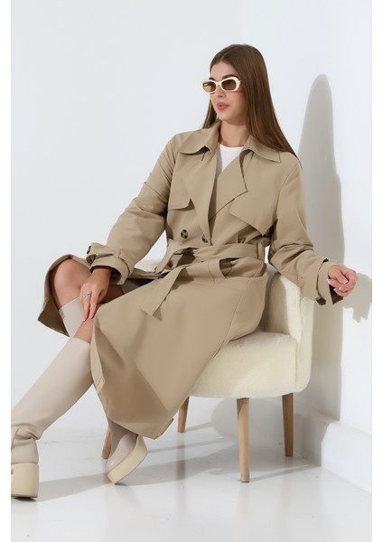 Amazon Keten Kumaş Diz Altı Astaralı Degaje Yaka Düğmeli Yeni Tarz Trenç Kot Taş