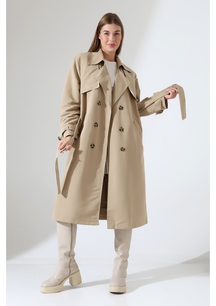 Amazon Keten Kumaş Diz Altı Astaralı Degaje Yaka Düğmeli Yeni Tarz Trenç Kot Taş