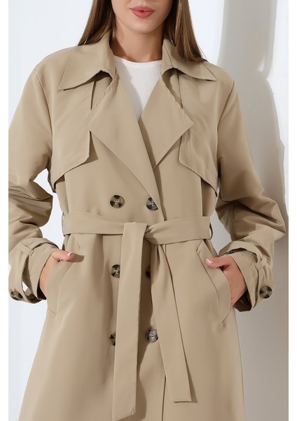 Amazon Keten Kumaş Diz Altı Astaralı Degaje Yaka Düğmeli Yeni Tarz Trenç Kot Taş