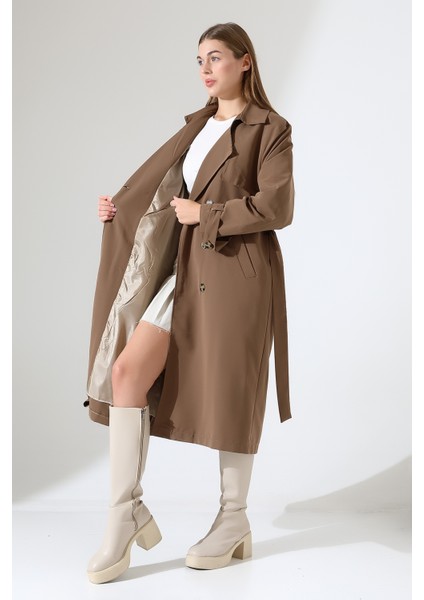 Amazon Keten Kumaş Diz Altı Astaralı Degaje Yaka Düğmeli Yeni Tarz Trenç Kot Sütlü Kahve