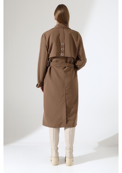 Amazon Keten Kumaş Diz Altı Astaralı Degaje Yaka Düğmeli Yeni Tarz Trenç Kot Sütlü Kahve