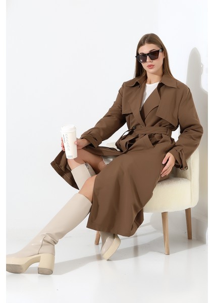 Amazon Keten Kumaş Diz Altı Astaralı Degaje Yaka Düğmeli Yeni Tarz Trenç Kot Sütlü Kahve