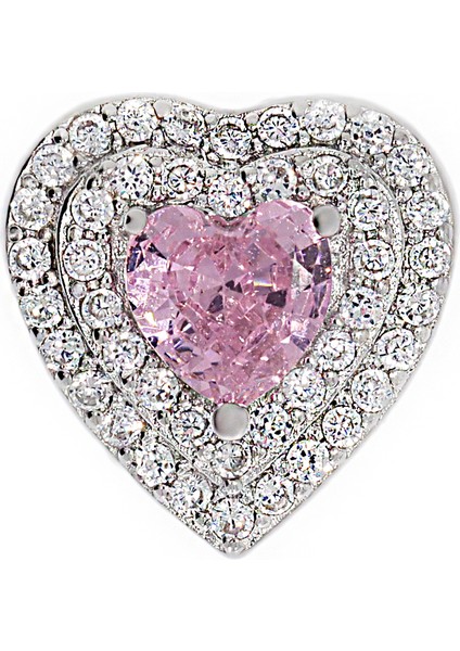 Kadın Kalp Model Iki Sıra Taş ve Pembe Taş Detay Gümüş Charm