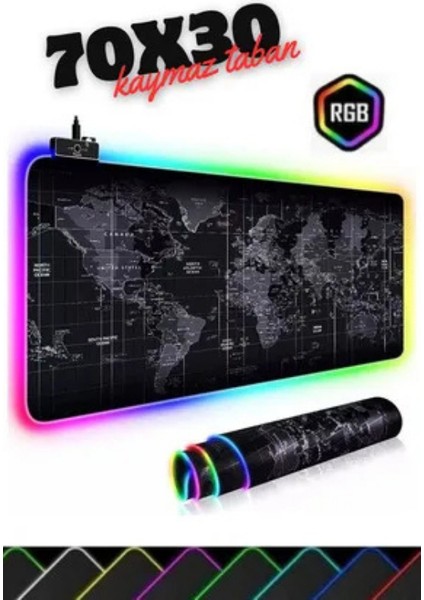 Rgb Mouse Pad LED Işıklı Dünya Baskılı Siyah Renk Gaming Mouse Pad 70X30CM