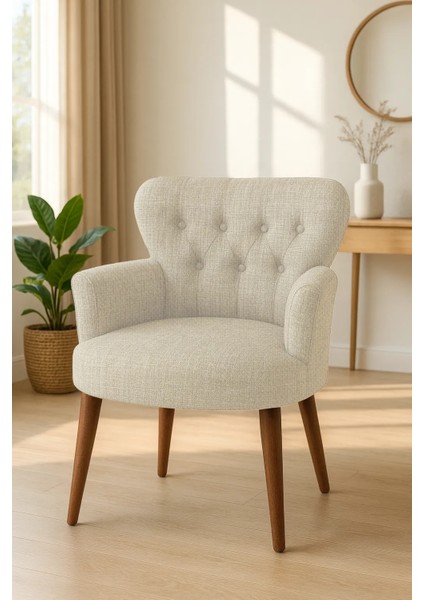 roma Berjer Modern Tekli Koltuk - Keten Kumaş - Ahşap Demonte Ayak - Krem