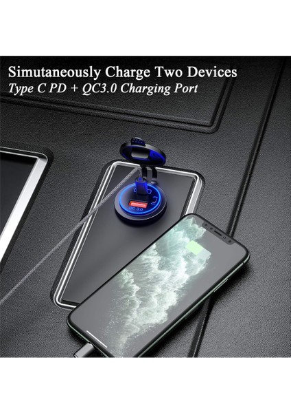 Marine Pano Tip Ikili USB 3.0 + Type C Soket Hızlı Şarj 12-24 Çerçevesiz