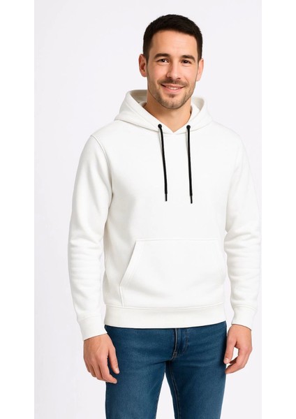 Erkek Üç Iplik Kapüşonlu Kanguru Cepli Sweatshirt Hoodie - Beyaz