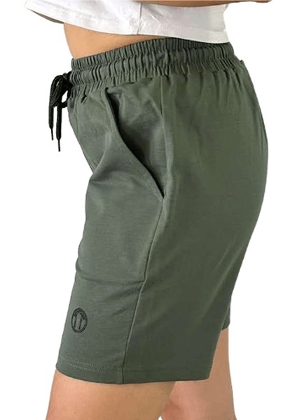 Unisex Beli Bağlamalı Pamuklu-Cepli Basic Haki Yeşil Şort