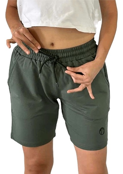 Unisex Beli Bağlamalı Pamuklu-Cepli Basic Haki Yeşil Şort fiyatları