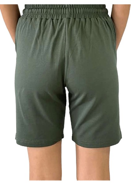 Unisex Beli Bağlamalı Pamuklu-Cepli Basic Haki Yeşil Şort modelleri