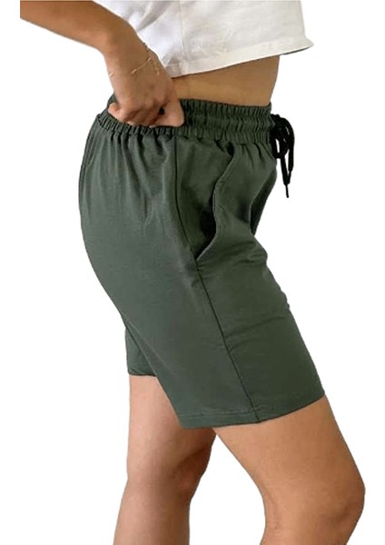 Unisex Beli Bağlamalı Pamuklu-Cepli Basic Haki Yeşil Şort fırsatları