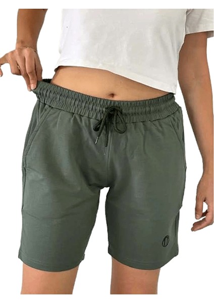 Unisex Beli Bağlamalı Pamuklu-Cepli Basic Haki Yeşil Şort indirimleri