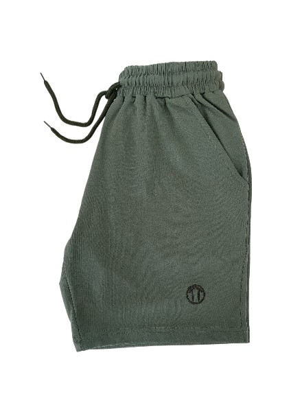 Unisex Beli Bağlamalı Pamuklu-Cepli Basic Haki Yeşil Şort