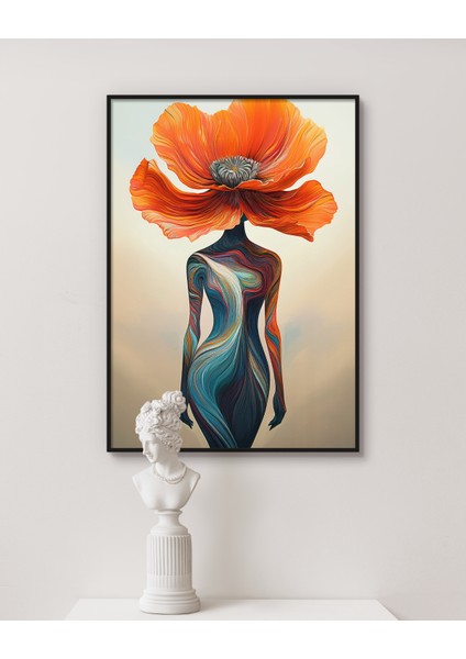 Metal Çerçeveli Gerçek Camlı Tablo, Soyut Kadın ve Çiçek Temalı Tablo Dijital Baskı, Salon, Ofis Tablo
