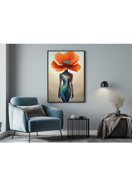 Metal Çerçeveli Gerçek Camlı Tablo, Soyut Kadın ve Çiçek Temalı Tablo Dijital Baskı, Salon, Ofis Tablo