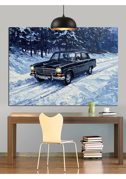 Karlı Siyah Araba Dekoratif Kanvas - Mdf Ahşap Tablo