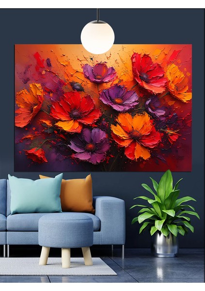 Kırmızı Mor Çiçekler Dekoratif Kanvas - Mdf Ahşap Tablo