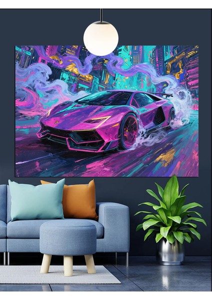 Renkli Neon Spor Araba Dekoratif Kanvas - Mdf Ahşap Tablo