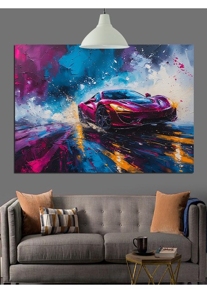 Renk Patlamalı Spor Araba Dekoratif Kanvas - Mdf Ahşap Tablo