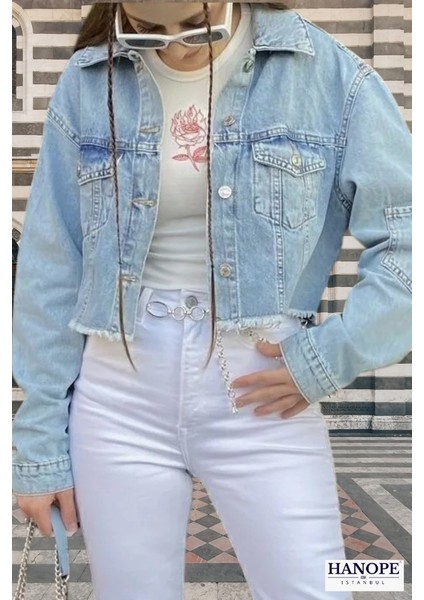 Açık Mavi Etek Ucu Püsküllü Crop Kot Ceket