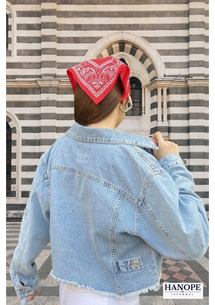 Açık Mavi Etek Ucu Püsküllü Crop Kot Ceket fiyatları