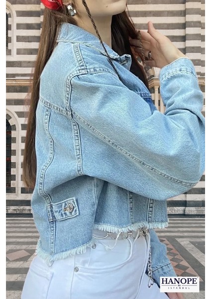 Açık Mavi Etek Ucu Püsküllü Crop Kot Ceket modelleri