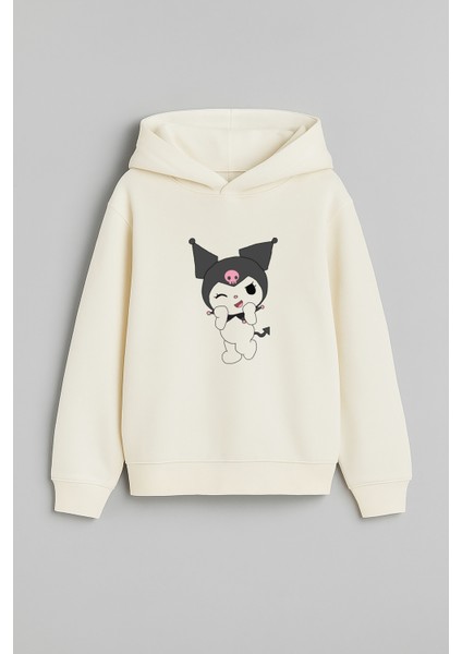 Kuromi Baskılı Ekru Kız Çocuk Kapüşonlu Sweatshirt