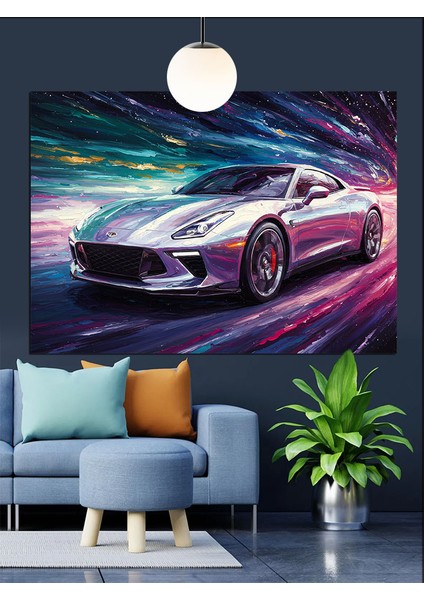 Renkli Işıkta Spor Araba Dekoratif Kanvas - Mdf Ahşap Tablo