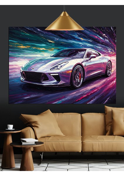 Renkli Işıkta Spor Araba Dekoratif Kanvas - Mdf Ahşap Tablo fiyatları