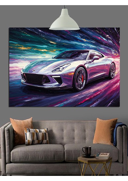 Renkli Işıkta Spor Araba Dekoratif Kanvas - Mdf Ahşap Tablo fırsatları