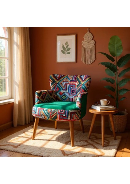 roma Berjer Modern Tekli Koltuk - Dijital Baskı Renkli Kumaş - Ahşap Demonte Ayak - Yeşil fırsatları