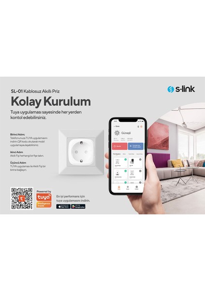SL-01 Akıllı Priz 16A Beyaz Wi-Fi Tuya Uyumlu,Çocuk Korumalı,Uzaktan Kontrollü