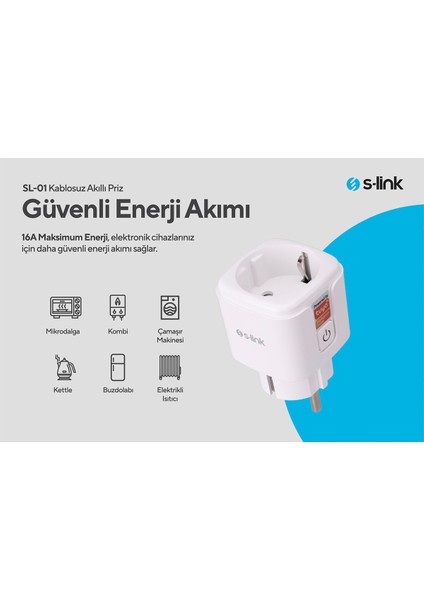 SL-01 Akıllı Priz 16A Beyaz Wi-Fi Tuya Uyumlu,Çocuk Korumalı,Uzaktan Kontrollü