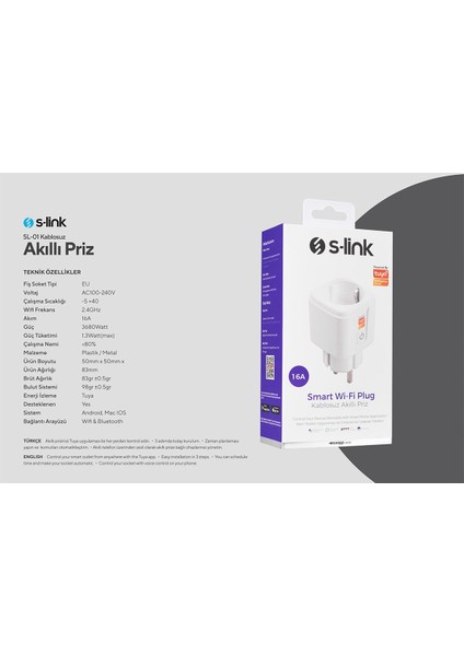 SL-01 Akıllı Priz 16A Beyaz Wi-Fi Tuya Uyumlu,Çocuk Korumalı,Uzaktan Kontrollü