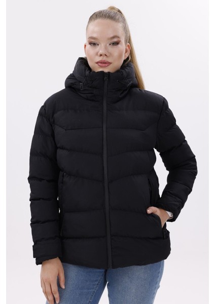 Kadın Kapüşonlu Polarlı Kürklü Su Geçirmez Rüzgara Dayanıklı Şişme Mont Kaban Parka