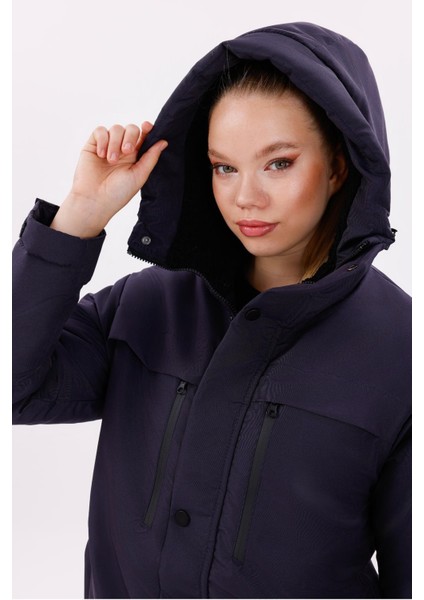 Kadın Polarlı Kürklü Su ve Rüzgar Geçirmez Kapüşonlu Kışlık Mont & Kaban & Parka