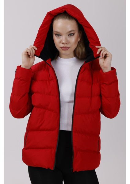 Kadın Kapüşonlu Polarlı Kürklü Su Geçirmez Rüzgara Dayanıklı Şişme Mont Kaban Parka