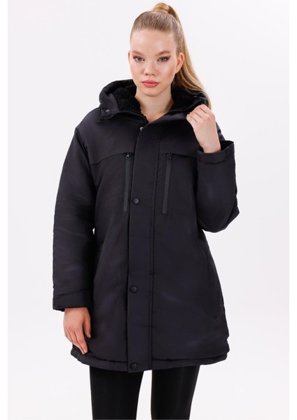 Kadın Polarlı Kürklü Su ve Rüzgar Geçirmez Kapüşonlu Kışlık Mont & Kaban & Parka