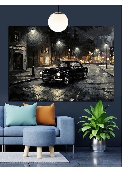 Islak Asfaltta Siyah Araba Dekoratif Kanvas - Mdf Ahşap Tablo