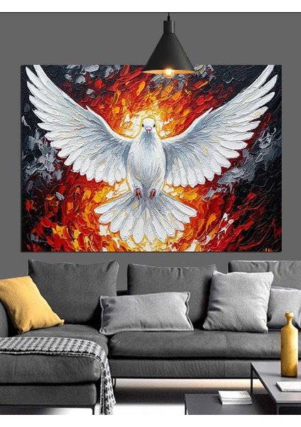 Alevli Fon Üzerinde Beyaz Güvercin Dekoratif Kanvas - Mdf Ahşap Tablo