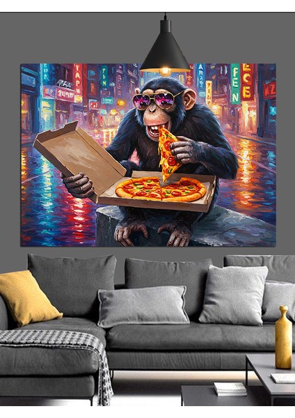 Pizza Yiyen Maymun Dekoratif Kanvas - Mdf Ahşap Tablo modelleri