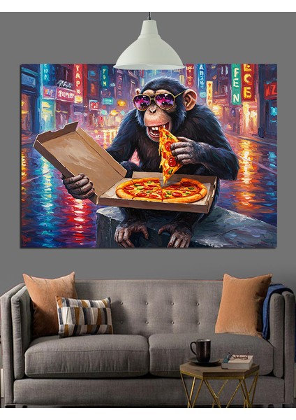 Pizza Yiyen Maymun Dekoratif Kanvas - Mdf Ahşap Tablo fırsatları